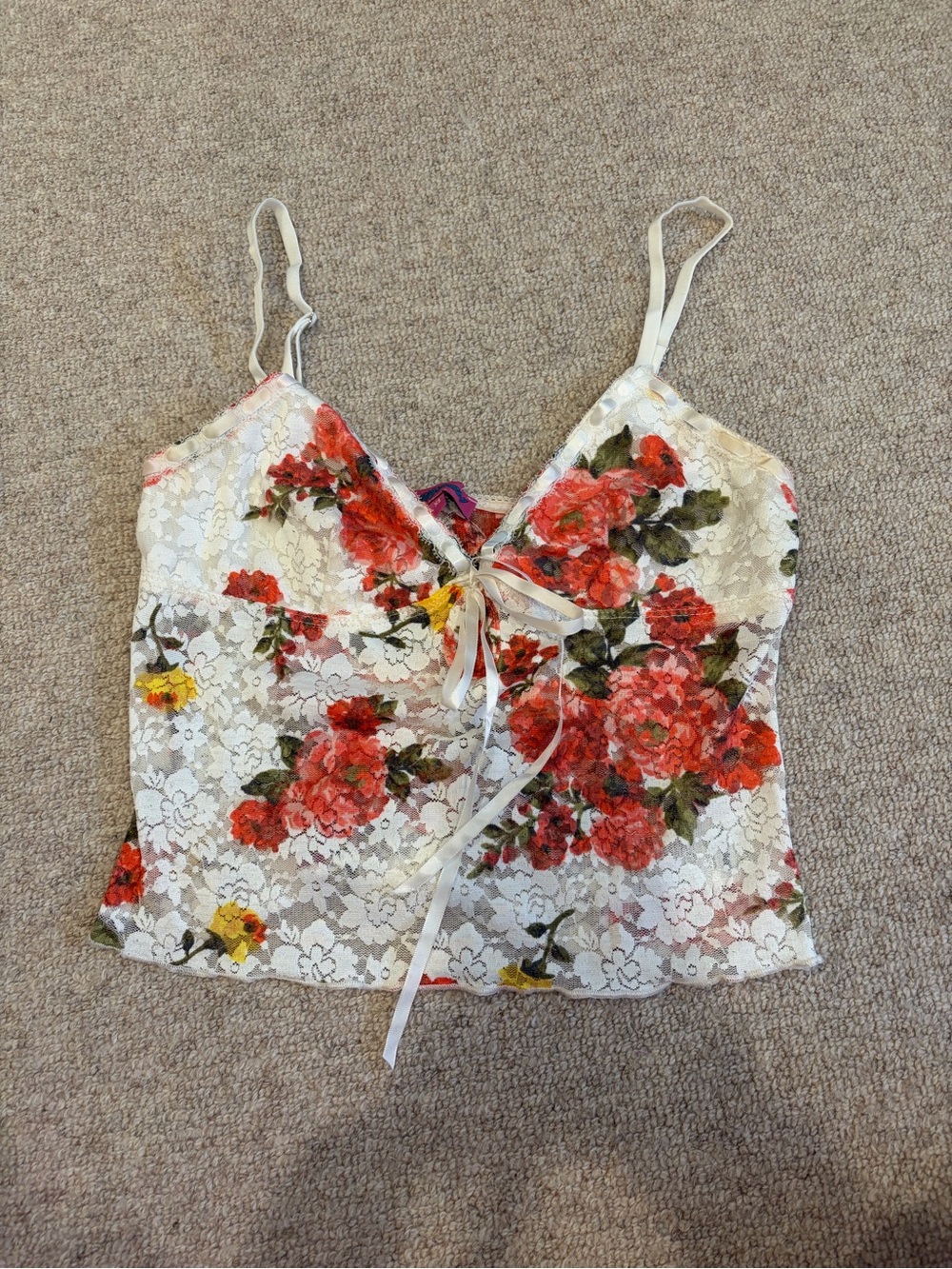 Edikted White Lace Floral Cami with Red Floral Print